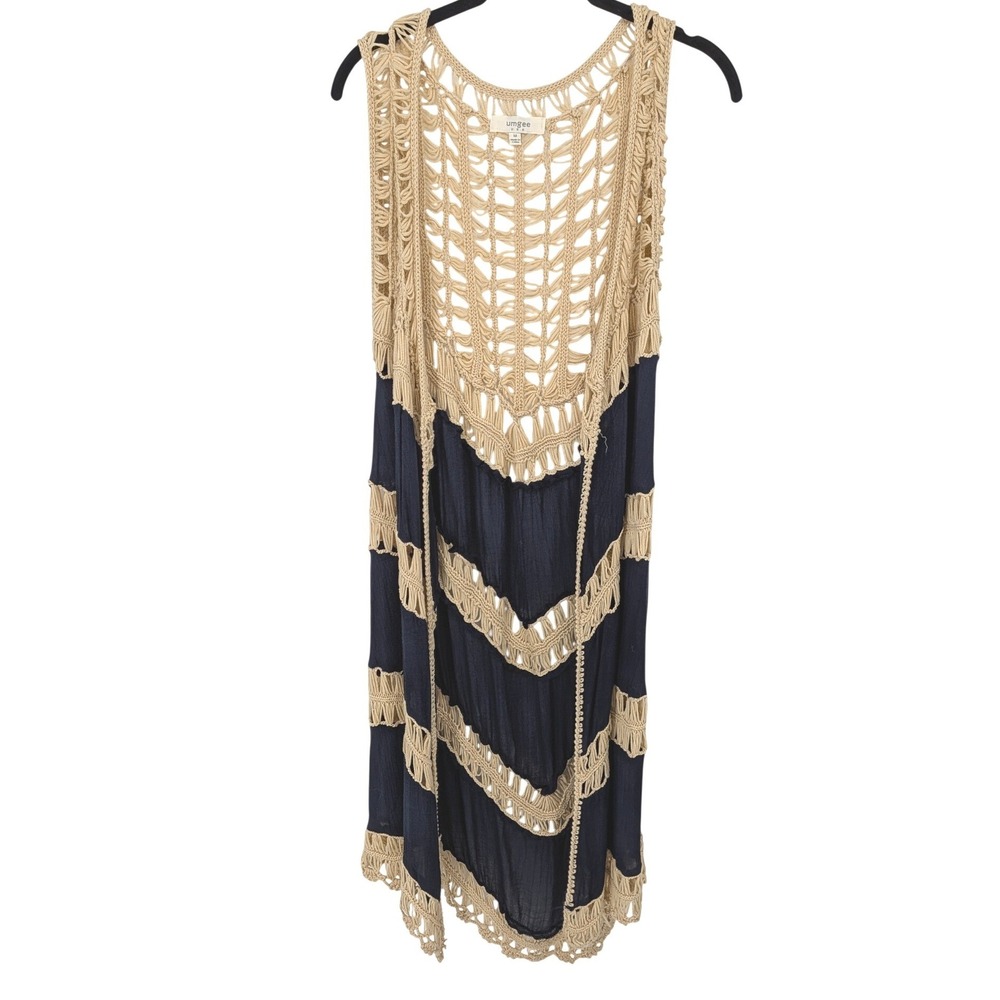 Umgee Longline Vest Medium Blue Tan Crochet Macrame Open‎ Front Boho Festival